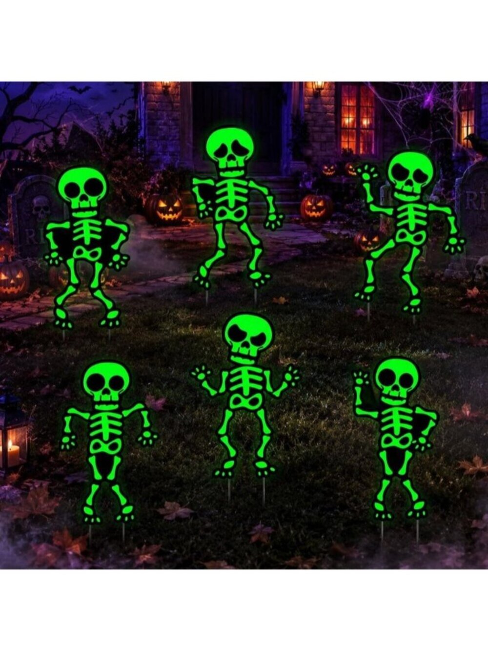 6 Pack Glow in The Dark Skeleton Yard Signs with Stakes Fluorescent Creepy Decor